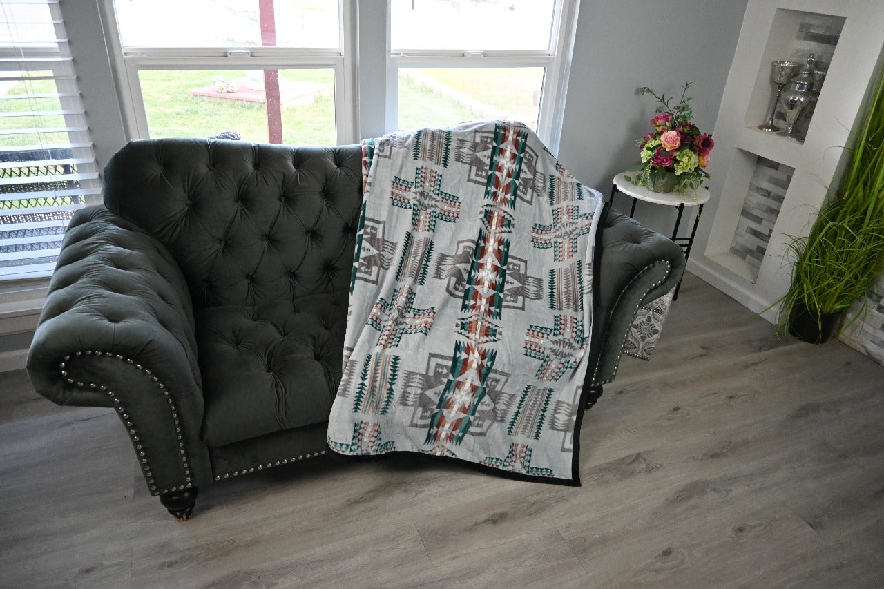 1PLY Full Plush Blanket Aztec design - Olive