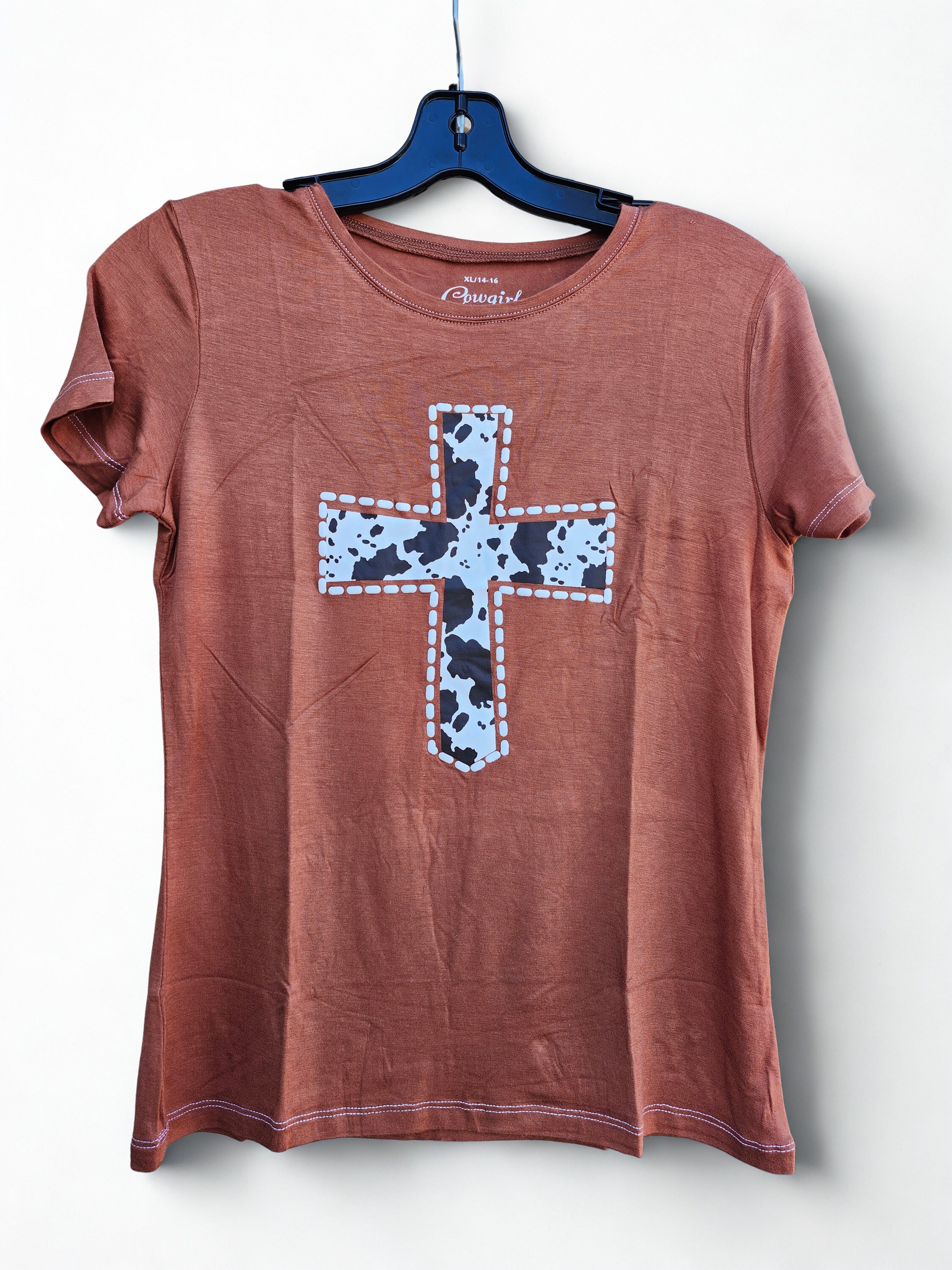 YTH Cow Print Cross Crew S/S Tee - Mocha