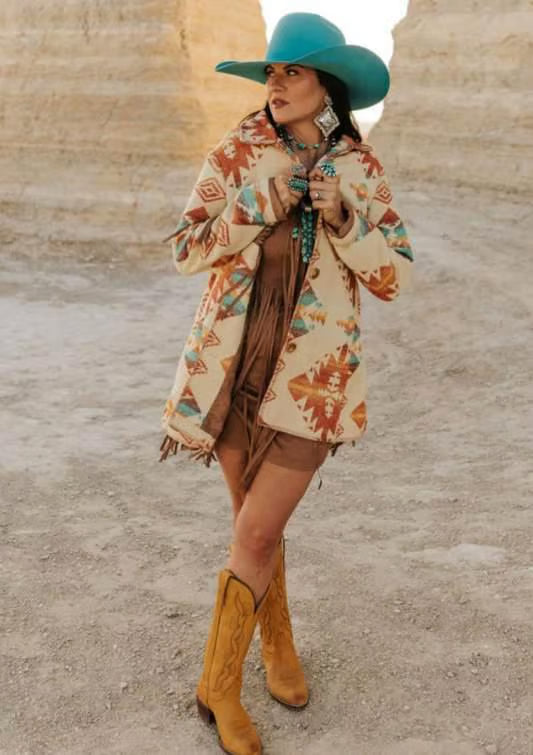 Aztec Long Coat w/ Blanket Stitching